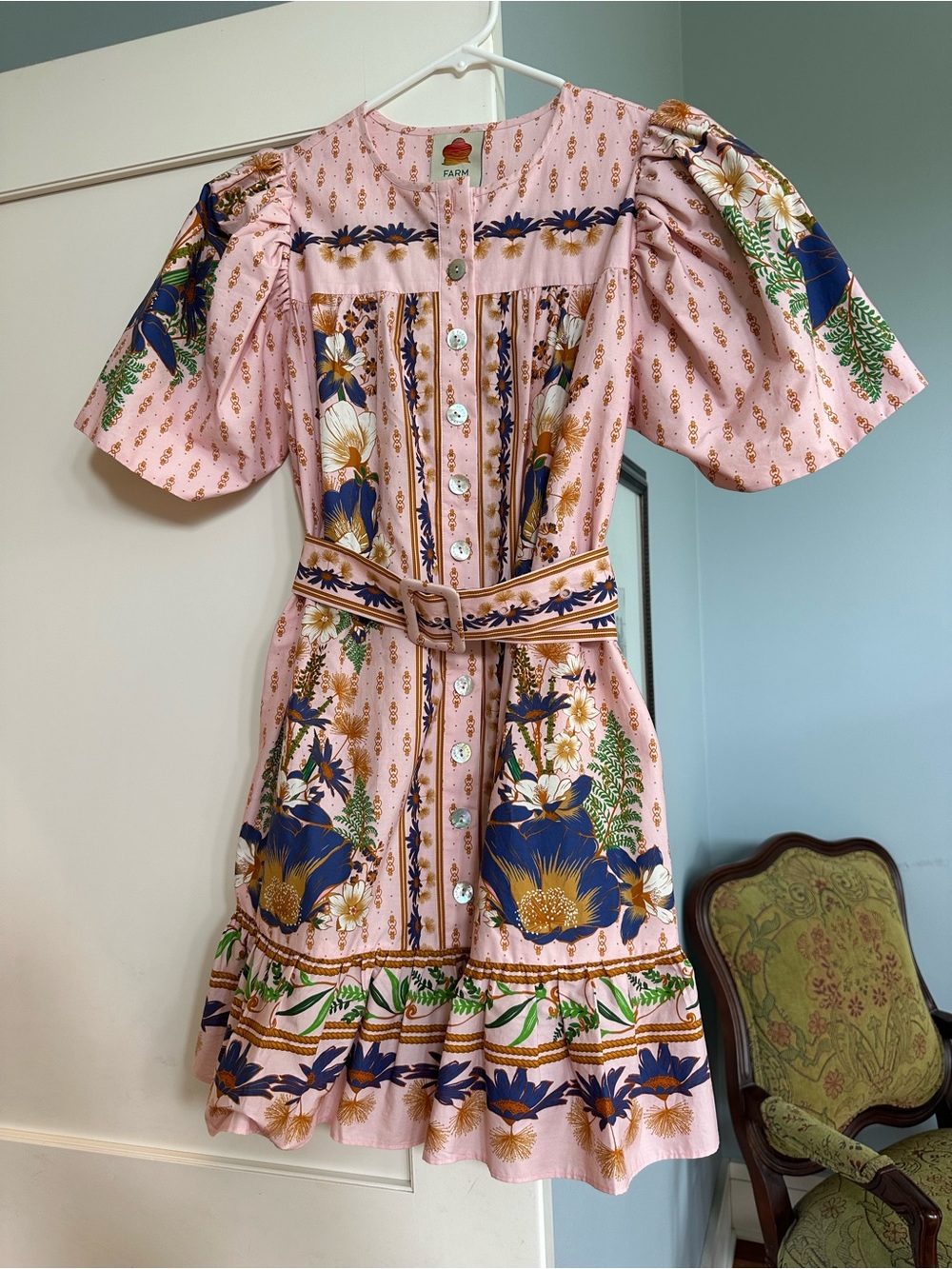 FARM Rio Pink Floral Belted Mini Dress with Navy & Gold Motifs